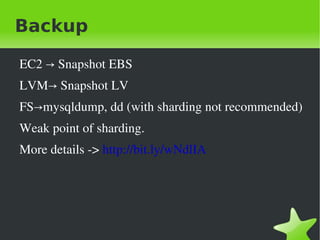 Backup

    EC2 → Snapshot EBS
    LVM→ Snapshot LV
    FS→mysqldump, dd (with sharding not recommended)
    Weak point of sharding.
    More details ­> http://bit.ly/wNdlIA




                                
 