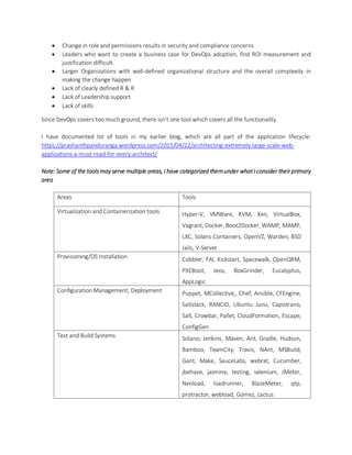  Change in role and permissions results in security and compliance concerns
 Leaders who want to create a business case for DevOps adoption, find ROI measurement and
justification difficult.
 Larger Organizations with well-defined organizational structure and the overall complexity in
making the change happen
 Lack of clearly defined R & R
 Lack of Leadership support
 Lack of skills
Since DevOps covers too much ground, there isn’t one tool which covers all the functionality.
I have documented lot of tools in my earlier blog, which are all part of the application lifecycle:
https://prashanthpanduranga.wordpress.com/2015/04/22/architecting-extremely-large-scale-web-
applications-a-must-read-for-every-architect/
Note: Some of the tools mayserve multiple areas, I have categorized themunder what I consider theirprimary
area
Areas Tools
Virtualization and Containerization tools Hyper-V, VMWare, KVM, Xen, VirtualBox,
Vagrant, Docker, Boot2Docker, WAMP, MAMP,
LXC, Solaris Containers, OpenVZ, Warden, BSD
Jails, V-Server
Provisioning/OS Installation Cobbler, FAI, Kickstart, Spacewalk, OpenQRM,
PXEBoot, Jeos, BoxGrinder, Eucalyptus,
AppLogic
Configuration Management, Deployment Puppet, MCollective,, Chef, Ansible, CFEngine,
Saltstack, RANCID, Ubuntu Junu, Capistrano,
Salt, Crowbar, Pallet, CloudFormation, Escape,
ConfigGen
Test and Build Systems Solano, Jenkins, Maven, Ant, Gradle, Hudson,
Bamboo, TeamCity, Travis, NAnt, MSBuild,
Gant, Make, SauceLabs, webrat, Cucumber,
jbehave, jasmine, testing, selenium, JMeter,
Neoload, loadrunner, BlazeMeter, qtp,
protractor, webload, Gomez, cactus
 