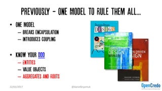 Previously - One Model to Rule Them All...
• One model…
– Breaks encapsulation
– Introduces coupling
• Know your DDD
– Ent...