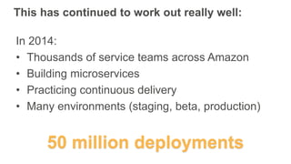 This has continued to work out really well:
In 2014:
• Thousands of service teams across Amazon
• Building microservices
•...