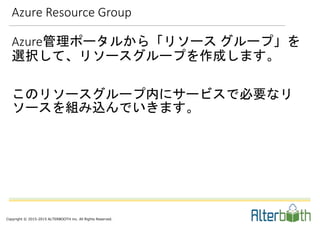 Copyright © 2015-2015 ALTERBOOTH inc. All Rights Reserved.
Azure Resource Group
Azure管理ポータルから「リソース グループ」を
選択して、リソースグループを作成します。
このリソースグループ内にサービスで必要なリ
ソースを組み込んでいきます。
 
