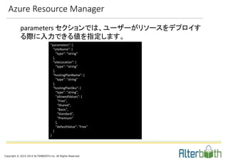 Copyright © 2015-2015 ALTERBOOTH inc. All Rights Reserved.
Azure Resource Manager
parameters セクションでは、ユーザーがリソースをデプロイす
る際に入力できる値を指定します。
"parameters": {
"siteName": {
"type": "string"
},
"siteLocation": {
"type": "string"
},
"hostingPlanName": {
"type": "string"
},
"hostingPlanSku": {
"type": "string",
"allowedValues": [
"Free",
"Shared",
"Basic",
"Standard",
"Premium"
],
"defaultValue": "Free"
}
}
 