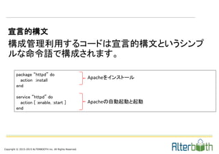 Copyright © 2015-2015 ALTERBOOTH inc. All Rights Reserved.
宣言的構文
構成管理利用するコードは宣言的構文というシンプ
ルな命令語で構成されます。
package “httpd” do
action :install
end
service “httpd” do
action [ :enable, :start ]
end
Apacheをインストール
Apacheの自動起動と起動
 