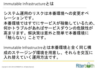 Copyright © 2015-2015 ALTERBOOTH inc. All Rights Reserved.
システム運用のリスクは本番環境への変更オペ
レーションです。
本番環境ではすでにサービスが稼働しているため、
何かトラブルがあればサービスダウンの危険性が
高まります。解決策は意外と簡単で本番環境に
「触らない」ことです。
Immutable Infrastructreとは本番環境と全く同じ構
成のステージング環境を用意し、それらを交互に
入れ替えていく運用方法です。
Immutable Infrastructureとは
 