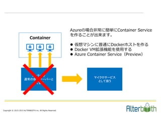 Copyright © 2015-2015 ALTERBOOTH inc. All Rights Reserved.
Container
Azureの場合非常に簡単にContainer Service
を作ることが出来ます。
 仮想マシンに普通にDockerホストを作る
 Docker VM拡張機能を使用する
 Azure Container Service（Preview）
コンテナを
通常の仮想サーバーと
して扱う
☓ マイクロサービス
として扱う
 
