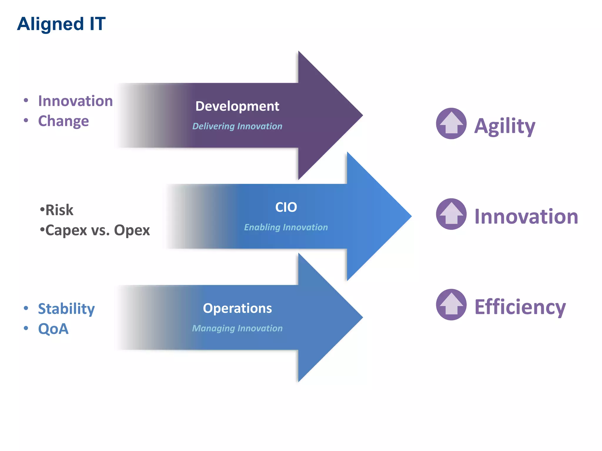Aligned IT 
Development 
Delivering Innovation 
Enabling Innovation 
Operations 
CIO 
Managing Innovation 
• Innovation 
• Change 
•Risk 
•Capex vs. Opex 
• Stability 
• QoA 
Agility 
Innovation 
Efficiency 
 