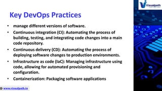 Key DevOps Practices
• manage different versions of software.
• Continuous integration (CI): Automating the process of
building, testing, and integrating code changes into a main
code repository.
• Continuous delivery (CD): Automating the process of
deploying software changes to production environments.
• Infrastructure as code (IaC): Managing infrastructure using
code, allowing for automated provisioning and
configuration.
• Containerization: Packaging software applications
 