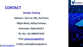 CONTACT
DevOps Training
Address:- Flat no: 205, 2nd Floor,
Nilgiri Block, Aditya Enclave,
Ameerpet, Hyderabad-1
Ph. No: +91-9989971070
Visit: www.visualpath.in
E-Mail: online@visualpath.in
 