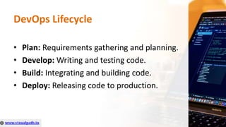 DevOps Lifecycle
• Plan: Requirements gathering and planning.
• Develop: Writing and testing code.
• Build: Integrating and building code.
• Deploy: Releasing code to production.
 
