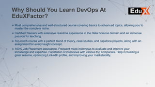 Why Should You Learn DevOps At
EduXFactor?
 Most comprehensive and well-structured course covering basics to advanced topics, allowing you to
master the complete niche.
 Certified Trainers with extensive real-time experience in the Data Science domain and an immense
passion for teaching.
 Top-notch course with a perfect blend of theory, case studies, and capstone projects, along with an
assignment for every taught concept.
 100% Job Placement assistance. Frequent mock interviews to evaluate and improve your
knowledge and expertise. Facilitation of interviews with various top companies. Help in building a
great resume, optimizing LinkedIn profile, and improving your marketability.
 