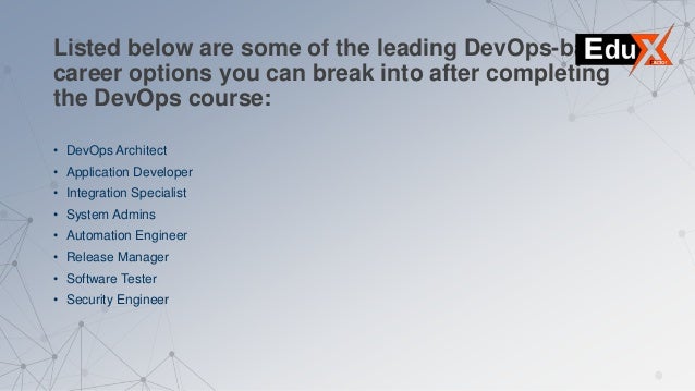 Listed below are some of the leading DevOps-based
career options you can break into after completing
the DevOps course:
• DevOps Architect
• Application Developer
• Integration Specialist
• System Admins
• Automation Engineer
• Release Manager
• Software Tester
• Security Engineer
 