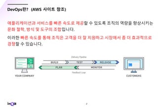 - 2 -
DevOps란? (AWS 사이트 참조)
애플리케이션과 서비스를 빠른 속도로 제공할 수 있도록 조직의 역량을 향상시키는
문화 철학, 방식 및 도구의 조합입니다.
이러한 빠른 속도를 통해 조직은 고객을 더 잘 지원하고 시장에서 좀 더 효과적으로
경쟁할 수 있습니다.
 