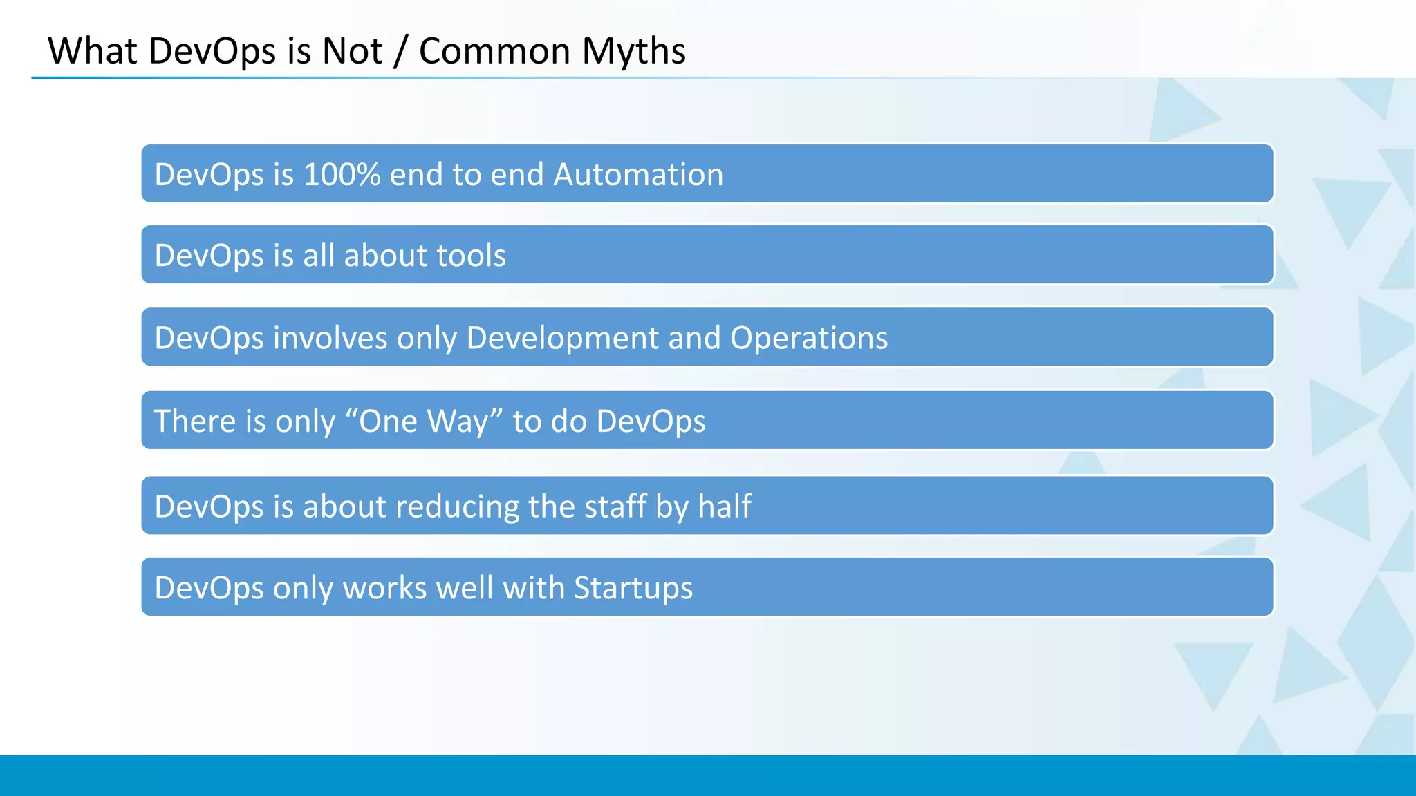 What DevOps is Not / Common Myths
DevOps is all about tools
DevOps involves only Development and Operations
There is only “One Way” to do DevOps
DevOps is about reducing the staff by half
DevOps is 100% end to end Automation
DevOps only works well with Startups
 