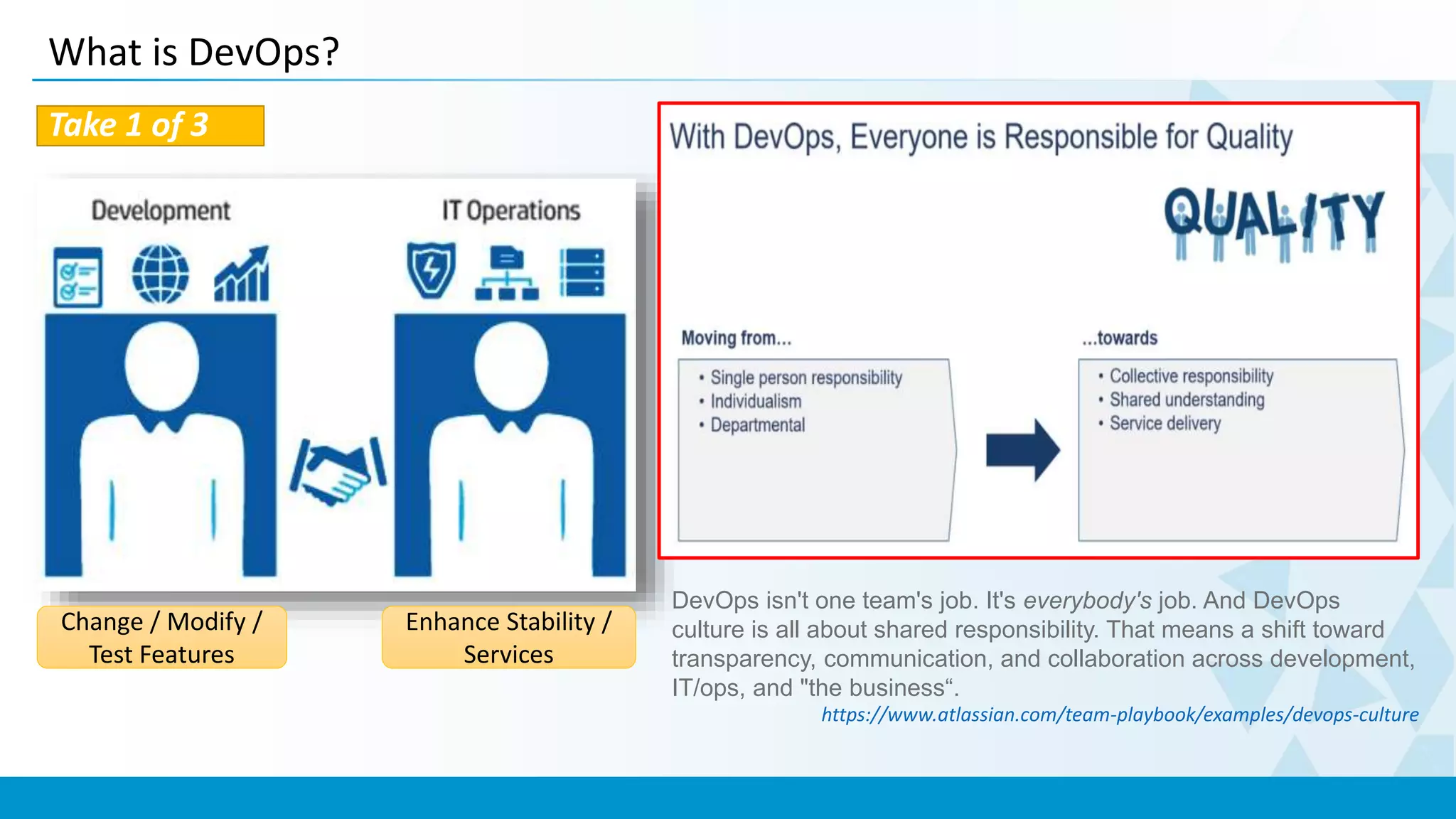 What is DevOps?
Take 1 of 3
Change / Modify /
Test Features
Enhance Stability /
Services
DevOps isn't one team's job. It's everybody's job. And DevOps
culture is all about shared responsibility. That means a shift toward
transparency, communication, and collaboration across development,
IT/ops, and "the business“.
https://www.atlassian.com/team-playbook/examples/devops-culture
 