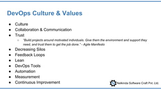 Nelkinda Software Craft Pvt. Ltd.
DevOps Culture & Values
● Culture
● Collaboration & Communication
● Trust
○ “Build projects around motivated individuals. Give them the environment and support they
need, and trust them to get the job done.” - Agile Manifesto
● Decreasing Silos
● Feedback Loops
● Lean
● DevOps Tools
● Automation
● Measurement
● Continuous Improvement
 