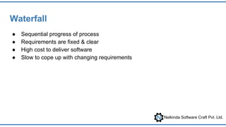 Nelkinda Software Craft Pvt. Ltd.
Waterfall
● Sequential progress of process
● Requirements are fixed & clear
● High cost to deliver software
● Slow to cope up with changing requirements
 