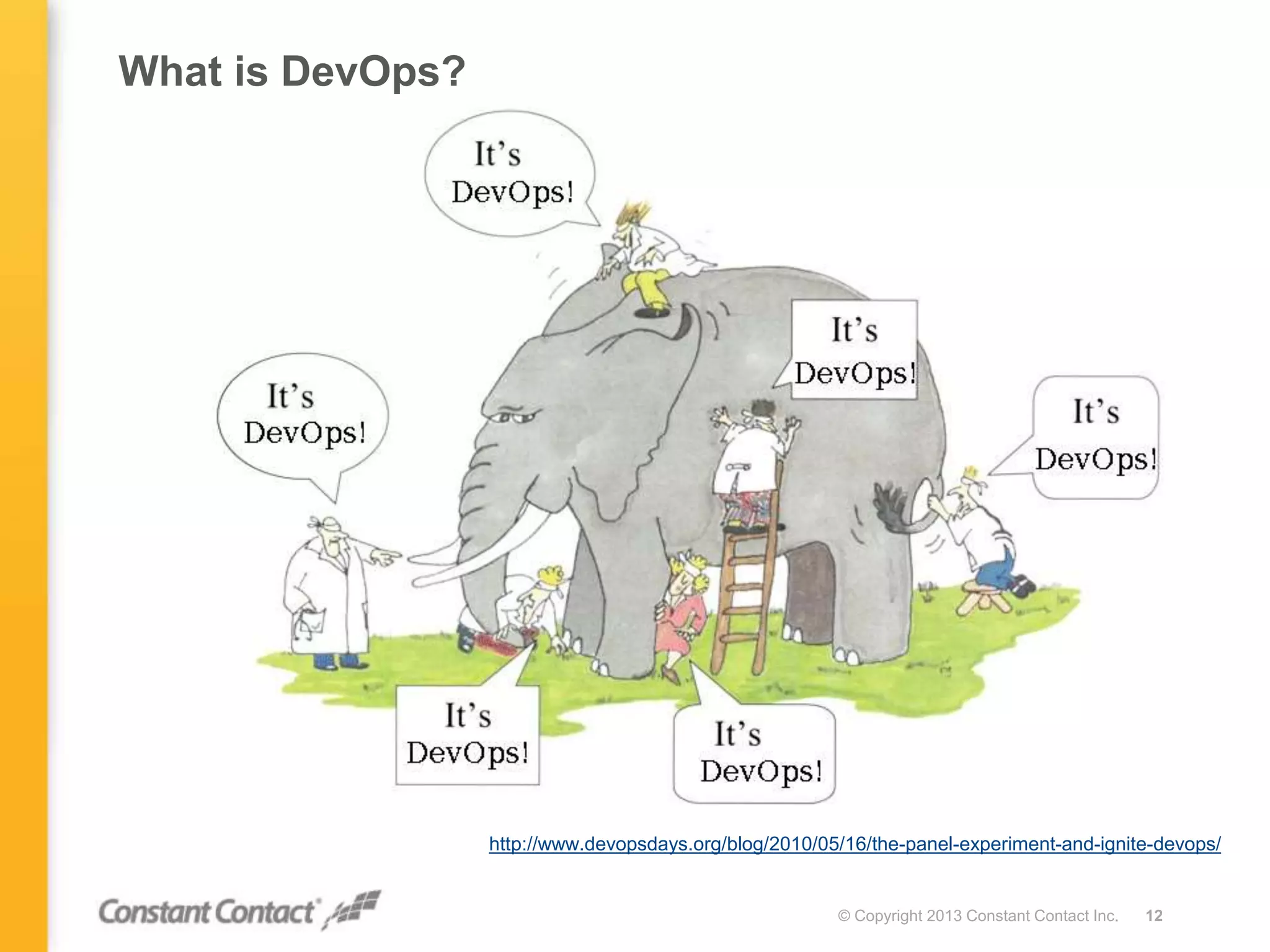 What is DevOps?
© Copyright 2013 Constant Contact Inc. 12
http://www.devopsdays.org/blog/2010/05/16/the-panel-experiment-and-ignite-devops/
 