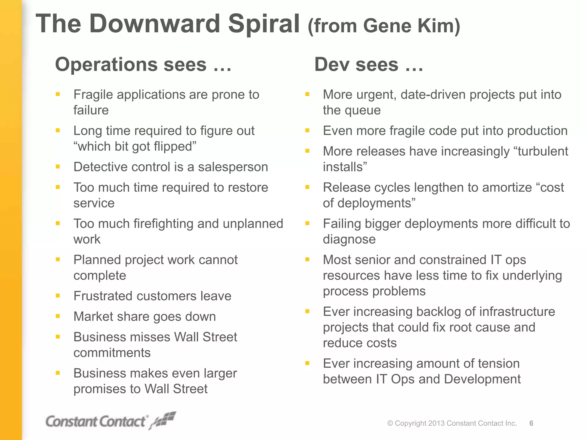 Operations sees …
 Fragile applications are prone to
failure
 Long time required to figure out
“which bit got flipped”
 Detective control is a salesperson
 Too much time required to restore
service
 Too much firefighting and unplanned
work
 Planned project work cannot
complete
 Frustrated customers leave
 Market share goes down
 Business misses Wall Street
commitments
 Business makes even larger
promises to Wall Street
© Copyright 2013 Constant Contact Inc. 6
 More urgent, date-driven projects put into
the queue
 Even more fragile code put into production
 More releases have increasingly “turbulent
installs”
 Release cycles lengthen to amortize “cost
of deployments”
 Failing bigger deployments more difficult to
diagnose
 Most senior and constrained IT ops
resources have less time to fix underlying
process problems
 Ever increasing backlog of infrastructure
projects that could fix root cause and
reduce costs
 Ever increasing amount of tension
between IT Ops and Development
Dev sees …
The Downward Spiral (from Gene Kim)
 