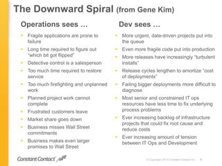 Operations sees …
 Fragile applications are prone to
failure
 Long time required to figure out
“which bit got flipped”
 Detective control is a salesperson
 Too much time required to restore
service
 Too much firefighting and unplanned
work
 Planned project work cannot
complete
 Frustrated customers leave
 Market share goes down
 Business misses Wall Street
commitments
 Business makes even larger
promises to Wall Street
© Copyright 2013 Constant Contact Inc. 6
 More urgent, date-driven projects put into
the queue
 Even more fragile code put into production
 More releases have increasingly “turbulent
installs”
 Release cycles lengthen to amortize “cost
of deployments”
 Failing bigger deployments more difficult to
diagnose
 Most senior and constrained IT ops
resources have less time to fix underlying
process problems
 Ever increasing backlog of infrastructure
projects that could fix root cause and
reduce costs
 Ever increasing amount of tension
between IT Ops and Development
Dev sees …
The Downward Spiral (from Gene Kim)
 