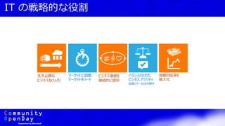 IT の戦略的な役割
バランスのとれた
ビジネス アジリティ
品質/スケール/法令順守
先手必勝な
ビジネスをけん引
規模の経済を
最大化
マーケットに追随、
マーケットをリード
ビジネス価値を
継続的に提供
 
