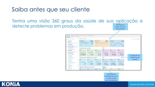 www.konia.com.br
Tenha uma visão 360 graus da saúde de sua aplicação e
detecte problemas em produção.
Confgure as
métricas de
saúde
Identifique
problemas com
a aplicação
em produção
Verifique o
pulso da sua
aplicação
Saiba antes que seu cliente
 