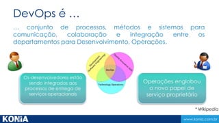 www.konia.com.br
DevOps é …
… conjunto de processos, métodos e sistemas para
comunicação, colaboração e integração entre os
departamentos para Desenvolvimento, Operações.
 