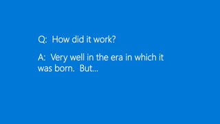 A: Very well in the era in which it
was born. But…
Q: How did it work?
 