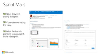 Value delivered
during the sprint
Video demonstrating
the value
What the team is
planning to accomplish
in the next sprint
 