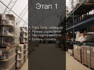 • Гора билд серверов
• Ручное управление
• Нет повторяемости
• Боязнь сломать
Этап 1
 