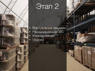 • Виртуальные машины
• Распределенная ФС
• Клонирование
• Vagrant
Этап 2
 