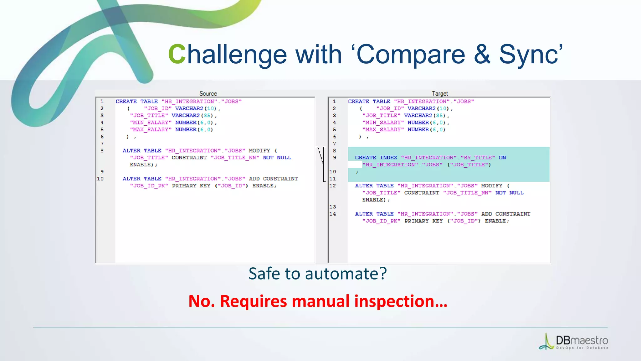 Safe to automate?
No. Requires manual inspection…
Challenge with ‘Compare & Sync’
 