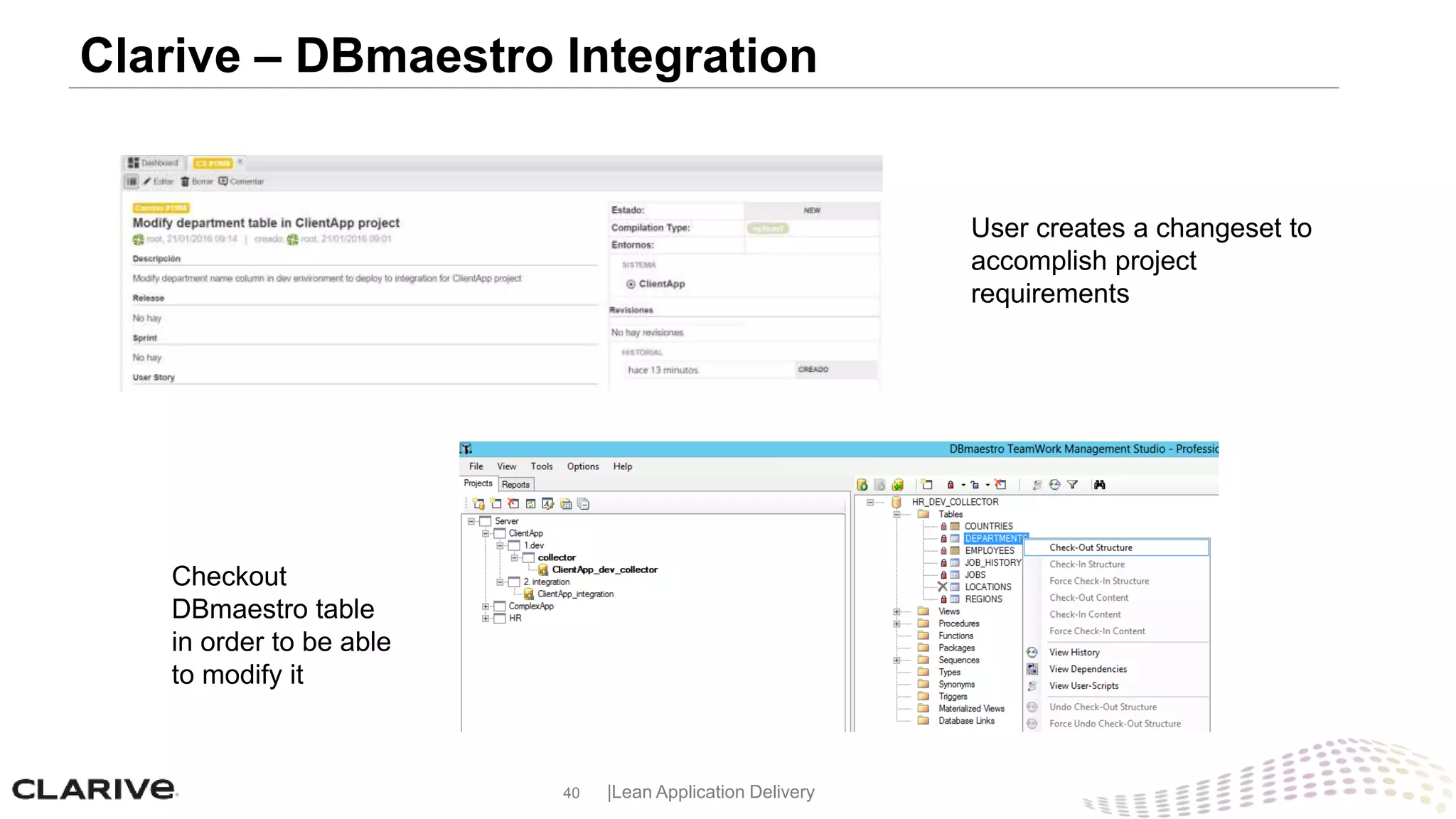 40 |Lean Application Delivery
User creates a changeset to
accomplish project
requirements
Checkout
DBmaestro table
in order to be able
to modify it
Clarive – DBmaestro Integration
 