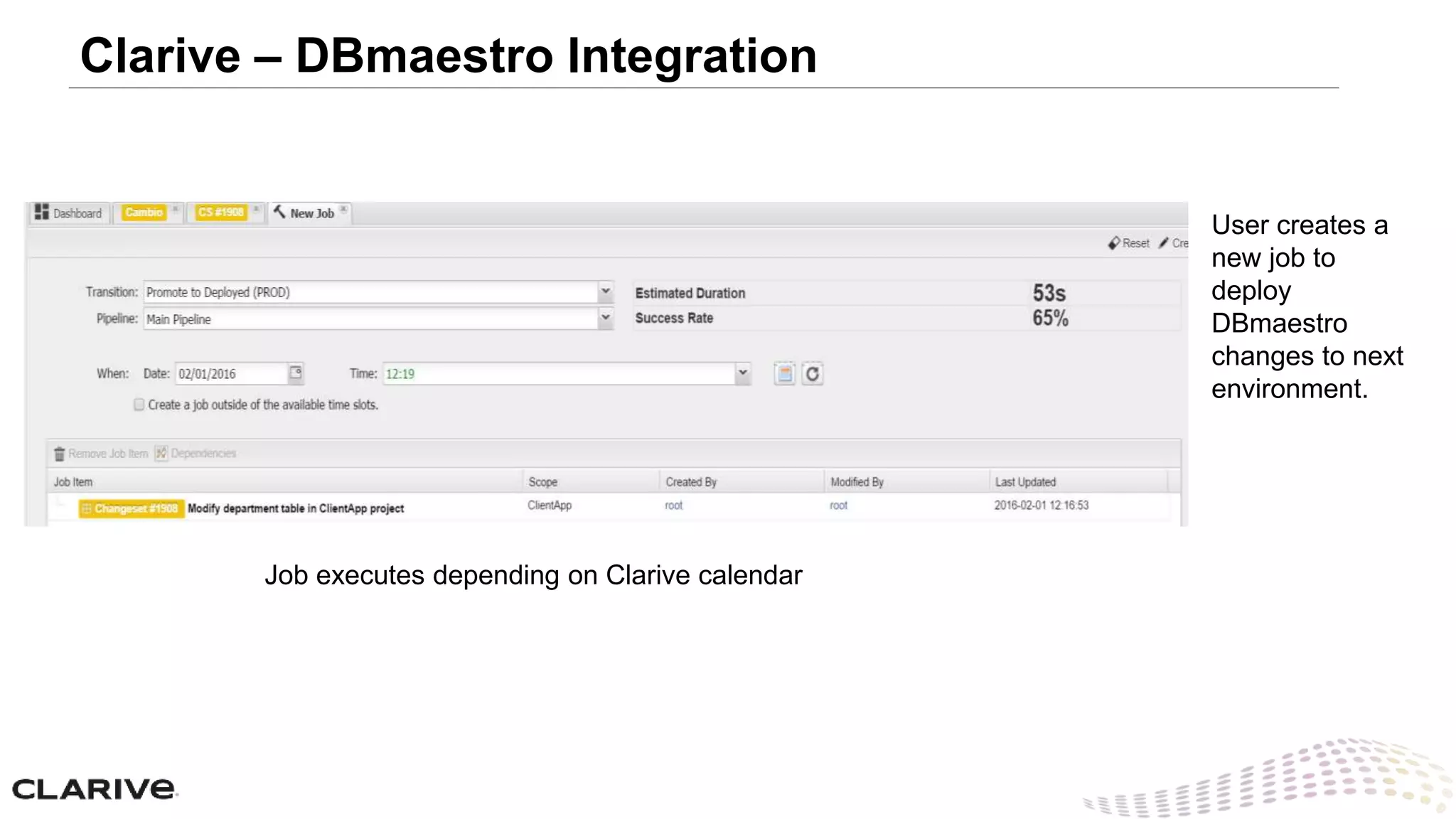 Job executes depending on Clarive calendar
User creates a
new job to
deploy
DBmaestro
changes to next
environment.
Clarive – DBmaestro Integration
 