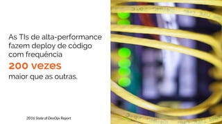 As TIs de alta-performance
fazem deploy de código
com frequência
200 vezes
maior que as outras.
2016 State of DevOps Report
 