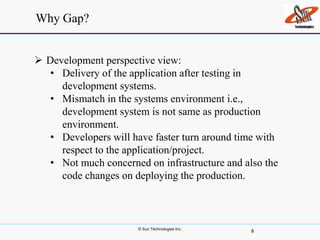 © Sun Technologies Inc.
8
Why Gap?
 Development perspective view:
• Delivery of the application after testing in
development systems.
• Mismatch in the systems environment i.e.,
development system is not same as production
environment.
• Developers will have faster turn around time with
respect to the application/project.
• Not much concerned on infrastructure and also the
code changes on deploying the production.
 
