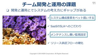 Copyright © 2019 KDDI Corporation. All Rights Reserved
11
 システム構成要素をペット扱いする
 SaaSのSLAへのこだわり
 メンテナンスし難い監視設定
 リリース承認フローの硬化
チーム開発と運用の課題
❏ 開発と運用とでシステムの考え方にギャップがある
 