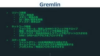 Gremlin
 リソース障害
• CPU：高負荷
• メモリ：領域占有
• IO：読み/書きを実施
• ディスク：書き込み
 ネットワーク障害
• ブラックホール：指定したNWトラフィックをドロップ
• 遅延：外向きのNWトラフィックを遅延させる
• パケットロス：外向きのNWトラフィックをパケットロスさせる
• DNS：DNSヘのアクセスをブロックする
 ステート障害
• シャットダウン：OSを再起動または停止する
• タイムトラベル：ホストのシステム時間を変更する
• プロセスキル：特定のプロセスをキルする
2
5
 