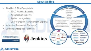 About Addteq
• DevOps & ALM Specialists
• SDLC Process Experts
• Automation Experts
• System Integrators
• Configuration Management Experts
• Atlassian Partners ( Platinum )
• Jenkins Enterprise Partners
 