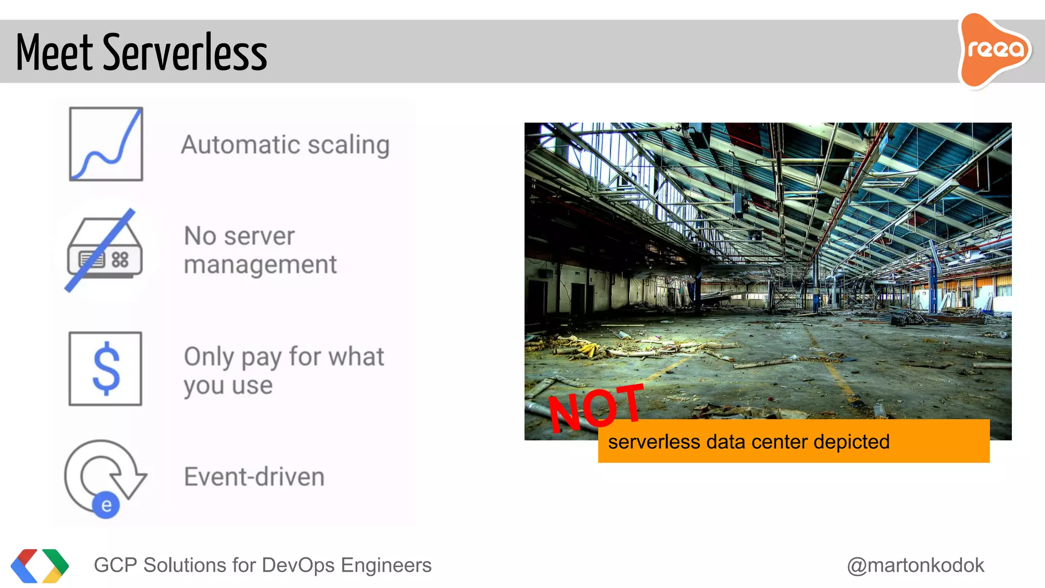 Meet Serverless
serverless data center depicted
GCP Solutions for DevOps Engineers @martonkodok
 