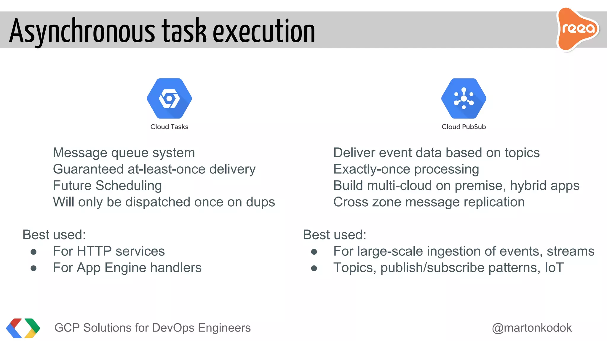 Asynchronous task execution
GCP Solutions for DevOps Engineers @martonkodok
Cloud Tasks Cloud PubSub
Message queue system
Guaranteed at-least-once delivery
Future Scheduling
Will only be dispatched once on dups
Best used:
● For HTTP services
● For App Engine handlers
Deliver event data based on topics
Exactly-once processing
Build multi-cloud on premise, hybrid apps
Cross zone message replication
Best used:
● For large-scale ingestion of events, streams
● Topics, publish/subscribe patterns, IoT
 