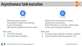 Asynchronous task execution
GCP Solutions for DevOps Engineers @martonkodok
Cloud Tasks Cloud PubSub
Message queue system
Guaranteed at-least-once delivery
Future Scheduling
Will only be dispatched once on dups
Best used:
● For HTTP services
● For App Engine handlers
Deliver event data based on topics
Exactly-once processing
Build multi-cloud on premise, hybrid apps
Cross zone message replication
Best used:
● For large-scale ingestion of events, streams
● Topics, publish/subscribe patterns, IoT
 