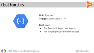 GCP Solutions for DevOps Engineers @martonkodok
Unit: Function
Trigger: Events and HTTP
Best used:
● For Events & Async workloads
● For single-purpose microservices
Cloud Functions
 