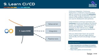 Continuous Integration / Continuous
Deployment is a method to frequently deliver
apps to customers by introducing automation
into the stages of app development. CI/CD is a
solution to the problems integrating new code
can cause for development and operations.
CI/CD introduces continuous automation and
continuous monitoring throughout the lifecycle
of apps, from integration and testing phases to
delivery and deployment. These connected
practices are often referred to as a "CI/CD
pipeline" and are supported by development
and operations teams.
Here you need to learn how to set up CI/CD
server, integrate code and trigger pipelines
automatically, and build and package manager
tools.
Learning resources
• https://semaphoreci.com/blog/cicd-pipeline
• https://www.udemy.com/course/jenkins-from-
zero-to-hero
• https://docs.gitlab.com/ee/tutorials/
 