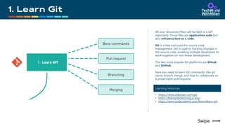 All your resources (files) will be held in a GIT
repository. Those files are application code but
also infrastructure as a code.
Git is a free tool used for source code
management. Git is used to tracking changes in
the source code, enabling multiple developers to
work together on non-linear development.
The two most popular Git platforms are GitLab
and GitHub.
Here you need to learn Git commands, like git
clone, branch, merge, and how to collaborate on
a project with pull requests.
Learning resources
• https://www.atlassian.com/git
• https://learngitbranching.js.org/
• https://www.codecademy.com/learn/learn-git
 