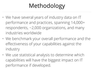 Capabilities Drive Improvement
This capabilities chart reports how the team is doing.
• Low on: Change Process, Trunk-based development, WIP
Limits and Visualization of Work
• High on: Learning Culture, Failure
Notification
Capabilities are the levers that help you
improve outcomes. As you improve your
capabilities, you drive improvement in
your ability to develop and deliver
software both quickly and reliably.
Dark black lines indicate the industry benchmark
(50th percentile) for each capability. Benchmarks
are also available at the company level and by
industry vertical.
The team’s performance on each capability is
represented by how far out the area is shaded.
For all capabilities, more is better.
Legend:
Process capability
Technical capability
Cultural capability
Metrics/ monitoring capability
 