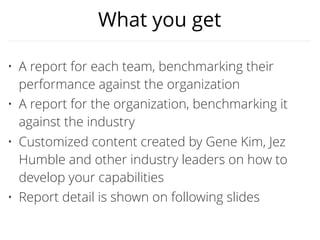 Consider a DORA Assessment if you
have problems:
• Improving technology and organizational performance
• Our assessment only focuses on capabilities that have been shown
to improve performance
• Prioritizing improvement efforts
• The DORA Assessment includes customized guidance to help you
improve your technology faster
• Attracting and retaining talent
• Employees in High Performance teams are 2.2 times more likely to
recommend their organization as a great place to work.
• Establishing your brand as a high-performing organization
• Top organizations rely on DORA’s research and assessments to
improve their work
 