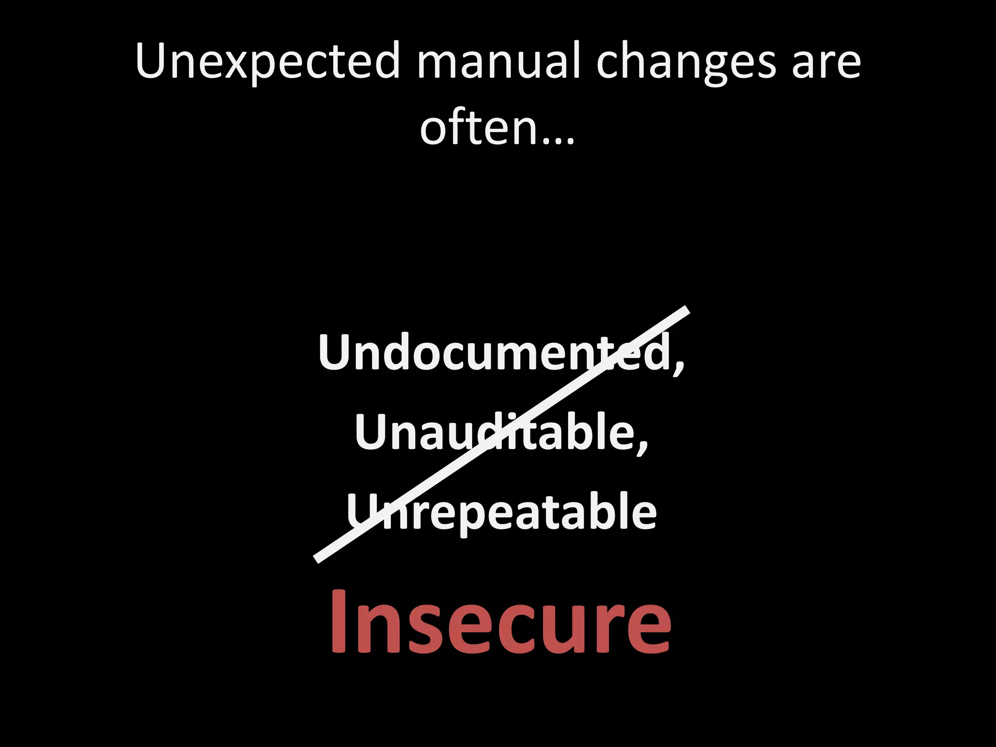 Unexpected manual changes are
often…
Undocumented,
Unauditable,
Unrepeatable
Insecure
 