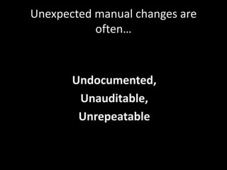 Unexpected manual changes are
often…
Undocumented,
Unauditable,
Unrepeatable
 