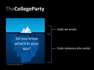 TheCollegeParty
Do you know
what’s in your
app?
Code we wrote
Code someone else wrote
Image: http://acardiac.blogspot.com/
 