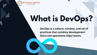 What is DevOps?
DevOps is a culture, mindset, and set of
practices that combine development
(Dev) and operations (Ops) teams.
 